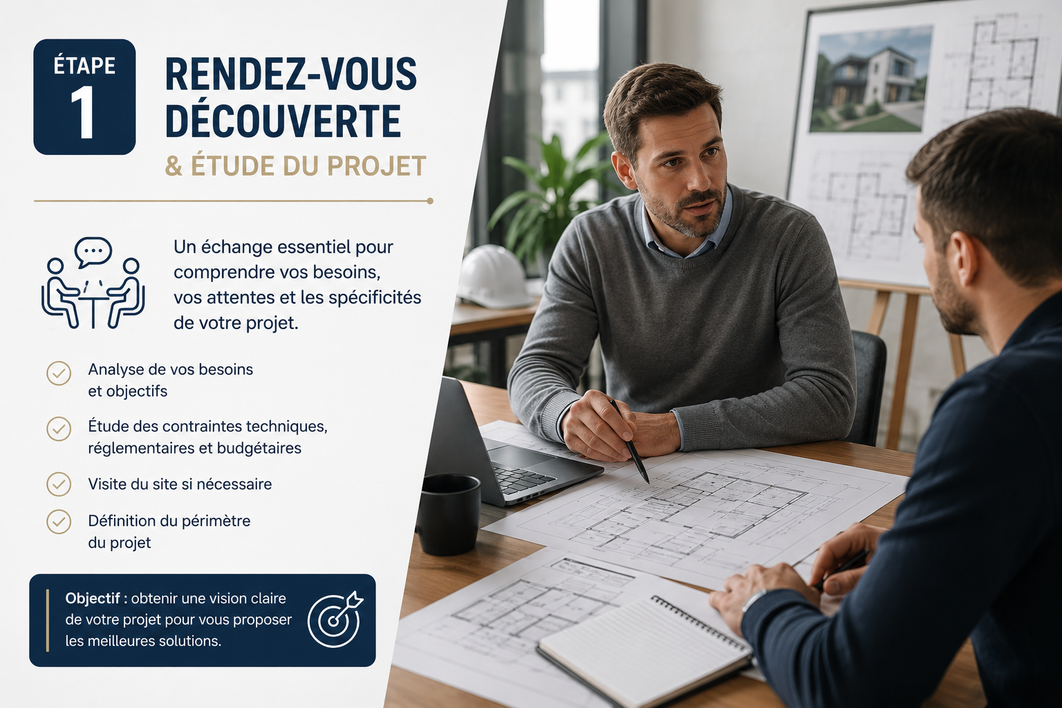 Deux hommes discutent d'un projet, avec des plans et un graphique en arrière-plan.